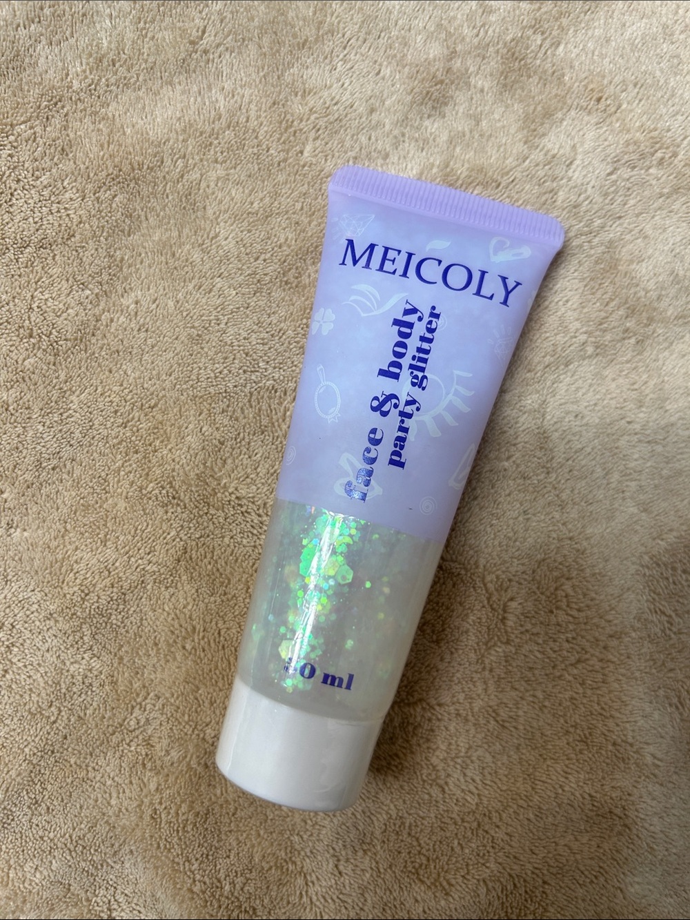 Meicoly Face & Body Party Glitter - Lavender Tube with Iridescent Green Glitter